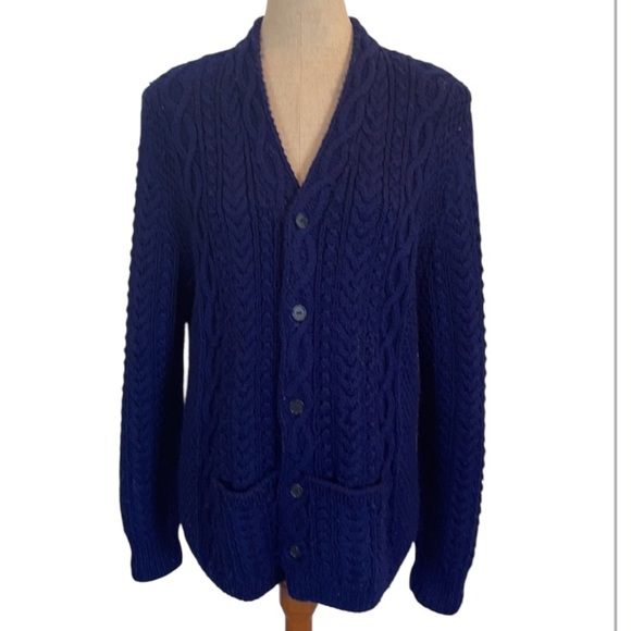 Vintage Handmade chunky Cable knit navy blue cardigan sweater - Picture 1 of 16